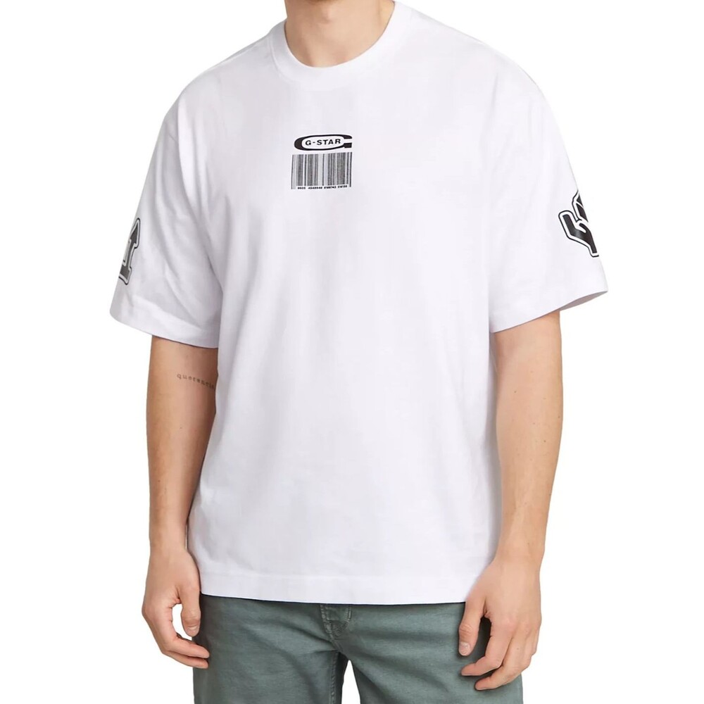 G Star Raw Shirt Mens XL White Pullover Crew Boxy Barcode Graphic T-Shirt Tee